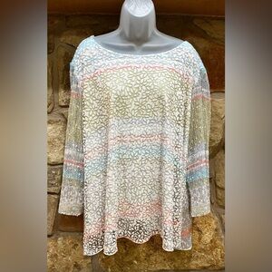 Ali Miles 2X Burnout Overlay Mesh Floral Stripe 3/4 Sleeve Tunic Top Beach Artsy